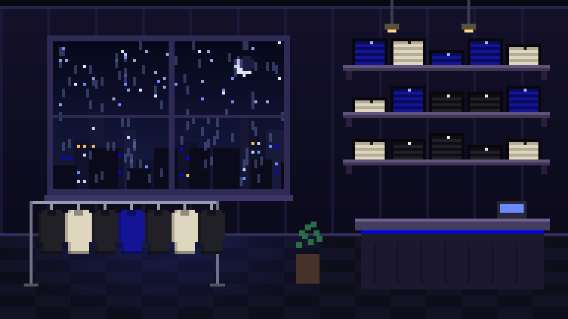 Inside the Nullifier shop at night: rain on the window, the city lit up outside, shelves of folded clothes, a rack of hoodies and a curtained change room.