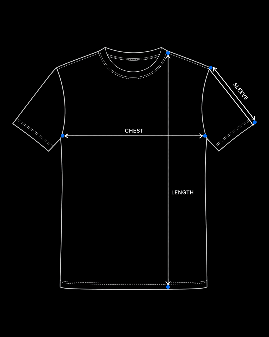 A t-shirt laid flat, marked with the three measurements to take: chest, straight across from underarm to underarm; length, from the highest point of the shoulder down to the hem; and sleeve, from the shoulder seam to the cuff.